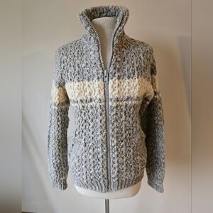 Vintage Caldwell Virgin Wool Knit Zip-Up Sweater White And Gray Women's Sz M.